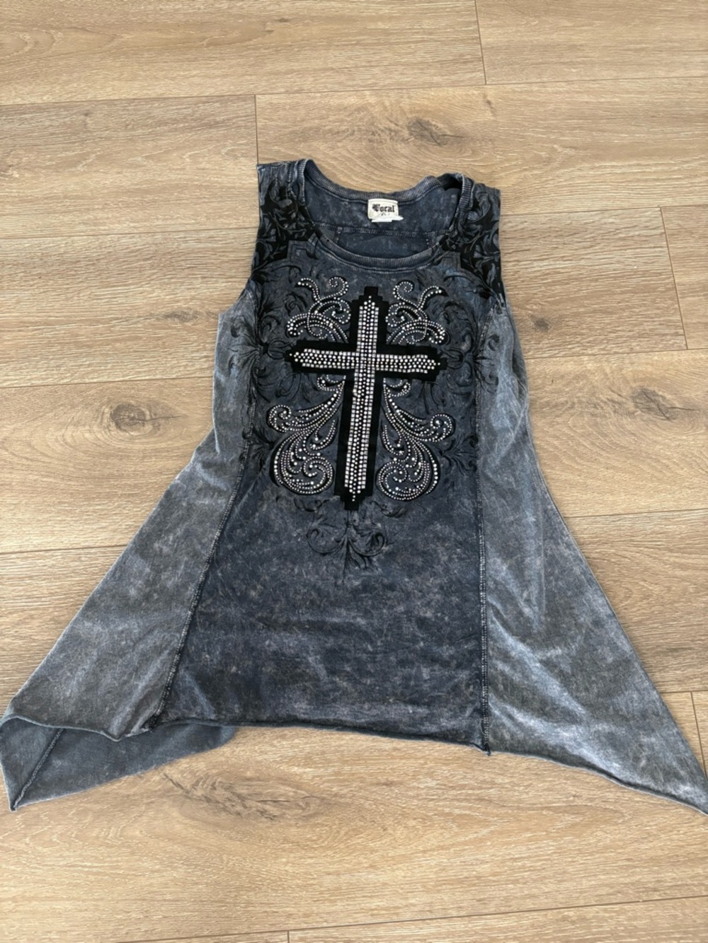 Vocal Charcoal Mineral Wash Rhinestone Cross Tunic